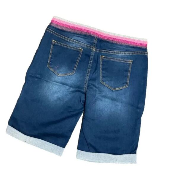 Vigoss Girls Jean Shorts Bermuda Cuff Rainbow Waistband Dark Blue XL NWT - Picture 2 of 3